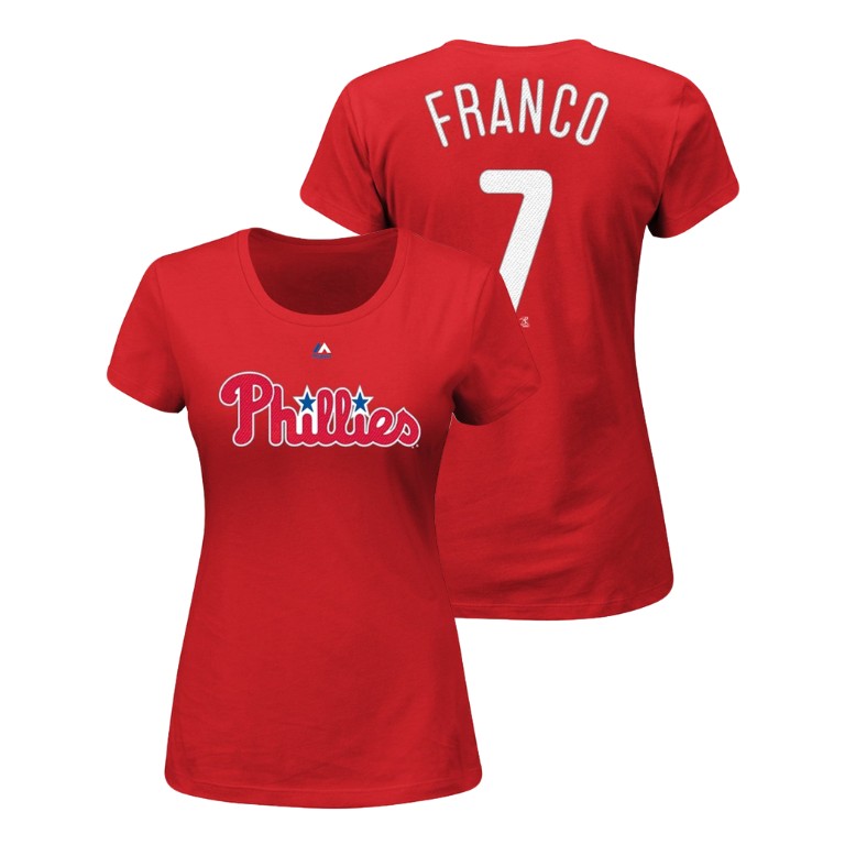 Women - Philadelphia Phillies #7 Red Maikel Franco Name & Number Majestic V-Neck T-Shirt