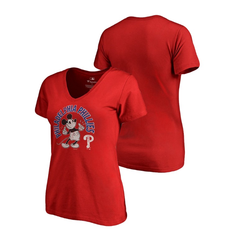 Women - Philadelphia Phillies V-Neck Red Disney Mickey's True Original Arch T-Shirt Women - Philadelphia Phillies V-Neck Red Disney Mickey's True Original Arch T-Shirt