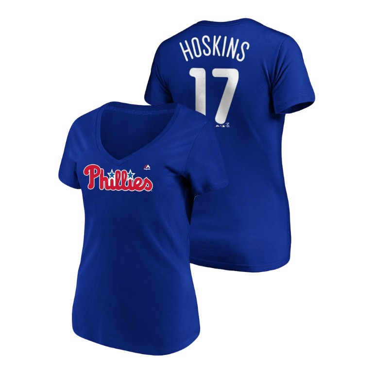 Women - Philadelphia Phillies #17 Royal Rhys Hoskins Name & Number Majestic V-Neck T-Shirt