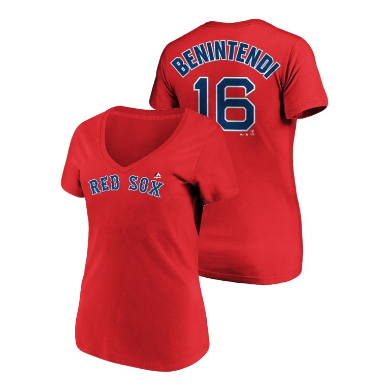 Women - Boston Red Sox #16 Red Andrew Benintendi Name & Number Majestic V-Neck T-Shirt