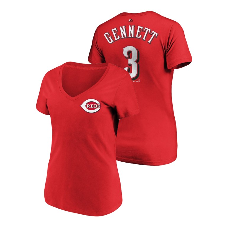 Women - Cincinnati Reds #3 Red Scooter Gennett Name & Number Majestic V-Neck T-Shirt Women - Cincinnati Reds #3 Red Scooter Gennett Name & Number Majestic V-Neck T-Shirt