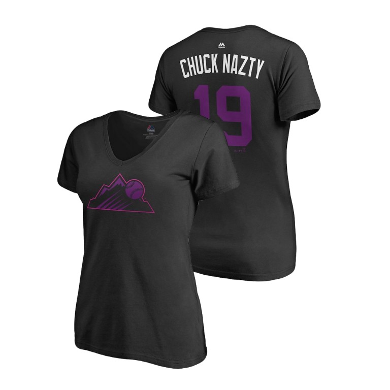 Women - Colorado Rockies Black #19 Charlie Blackmon Chuck Nazty T-Shirt