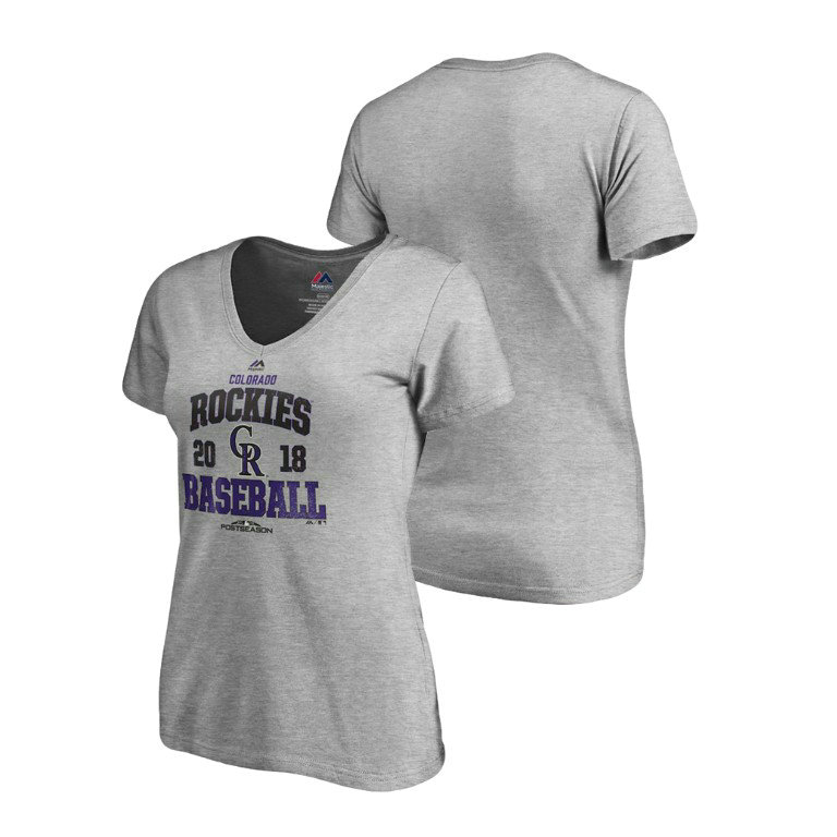 Women - Colorado Rockies Bases Heather Gray Majestic V-Neck T-Shirt Women - Colorado Rockies Bases Heather Gray Majestic V-Neck T-Shirt