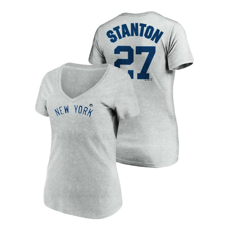 Women - New York Yankees #27 Gray Giancarlo Stanton Name & Number Majestic V-Neck T-Shirt