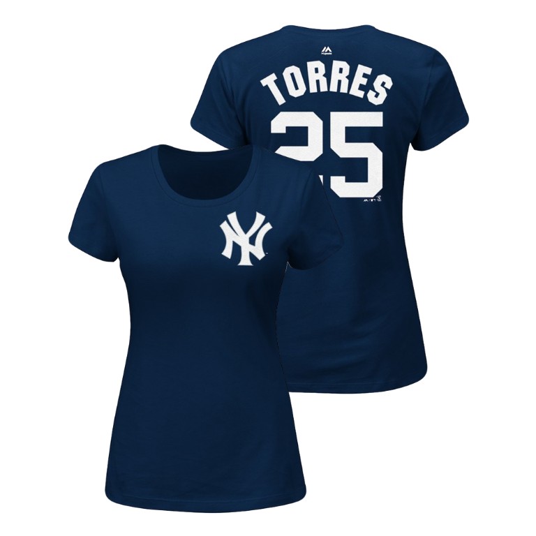 Women - New York Yankees #25 Navy Gleyber Torres Name & Number Majestic V-Neck T-Shirt