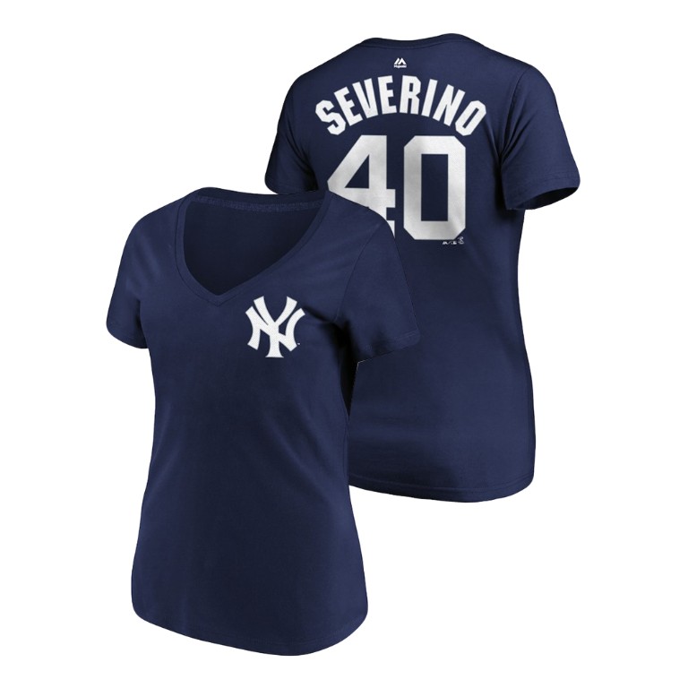 Women - New York Yankees #40 Navy Luis Severino Name & Number Majestic V-Neck T-Shirt