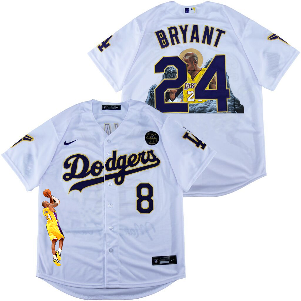 Los Angeles Dodgers Front #8 Back #24 Kobe Bryant White With KB Patch Cool Base Stitched Fashion Jersey