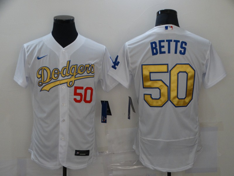 Los Angeles Dodgers #50 Mookie Betts White Gold Sttiched Flex Base Jersey