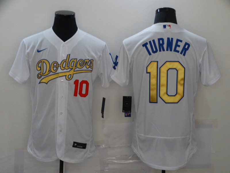 Los Angeles Dodgers #10 Justin Turner White Gold Sttiched Flex Base Jersey