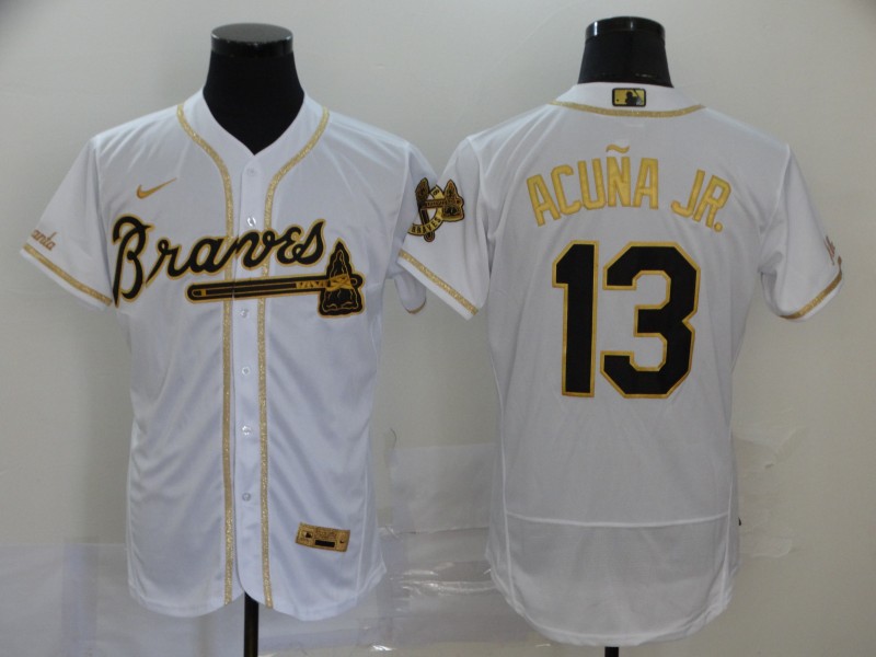 Atlanta Braves #13 Ronald Acuna Jr. White With Gold Stitched Flex Base Jersey
