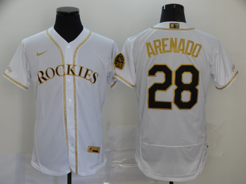 Colorado Rockies #28 Nolan Arenado White With Gold Stitched Flex Base Jersey