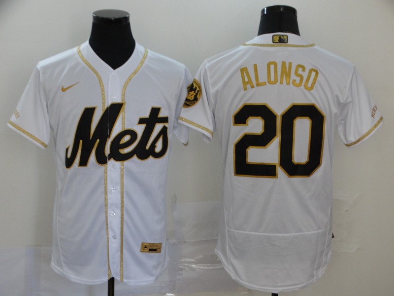 New York Mets #20 Pete Alonso White With Gold Stitched Flex Base Jersey New York Mets #20 Pete Alonso White With Gold Stitched Flex Base Jersey