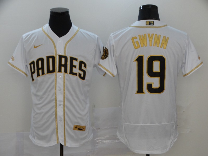 San Diego Padres #19 Tony Gwynn White With Gold Stitched Flex Base Jersey