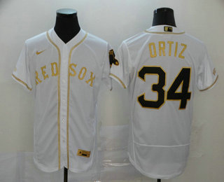 Boston Red Sox #34 David Ortiz White With Gold Stitched Flex Base Jersey