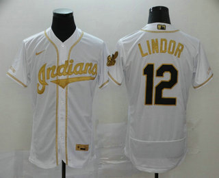 Cleveland Indians #12 Francisco Lindor White With Gold Stitched Flex Base Jersey