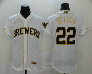 Milwaukee Brewers #22 Christian Yelich White With Gold Stitched Flex Base Jersey