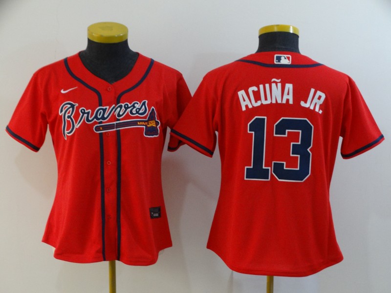 Women's Atlanta Braves #13 Ronald Acuna Jr. Red Stitched Cool Base Jersey Women's Atlanta Braves #13 Ronald Acuna Jr. Red Stitched Cool Base Jersey
