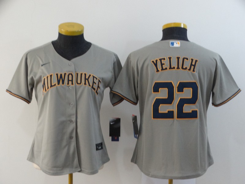 Women's Milwaukee Brewers #22 Christian Yelich Gray Stitched Cool Base Jersey Women's Milwaukee Brewers #22 Christian Yelich Gray Stitched Cool Base Jersey