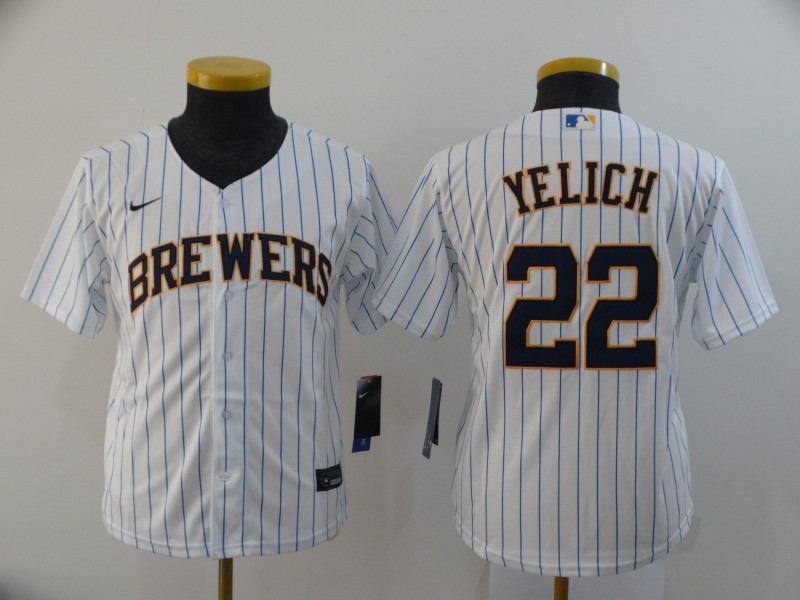 Youth Milwaukee Brewers #22 Christian Yelich White Stitched Cool Base Jersey