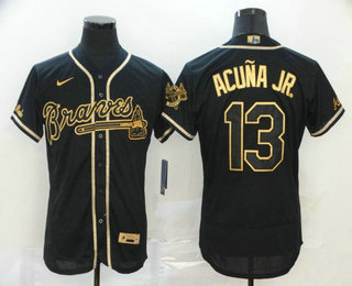 Atlanta Braves #13 Ronald Acuna Jr. Black With Gold Stitched Flex Base Jersey