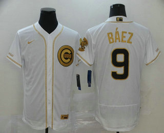 Chicago Cubs #9 Javier Baez White Golden Stitched Flex Base Jersey