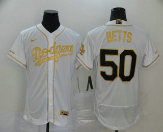 Los Angeles Dodgers #50 Mookie Betts White With Gold Stitched Flex Base Jersey