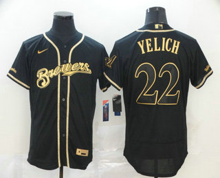 Milwaukee Brewers #22 Christian Yelich Black Golden Stitched Flex Base Jersey