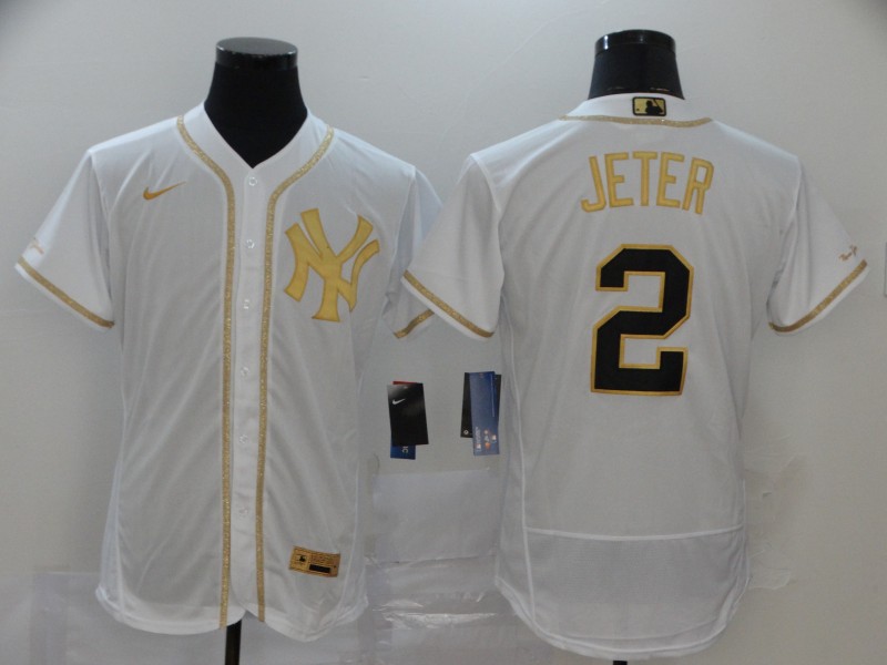 New York Yankees #2 Derek Jeter White Golden Stitched Flex Base Jersey