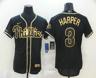 Philadelphia Phillies #3 Bryce Harper Black Golden Stitched Flex Base Jersey
