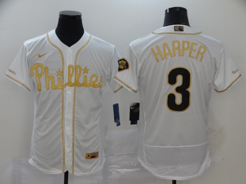 Philadelphia Phillies #3 Bryce Harper White Golden Stitched Flex Base Jersey