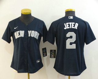 Women's New York Yankees #2 Derek Jeter Navy Blue Stitched Cool Base Jersey