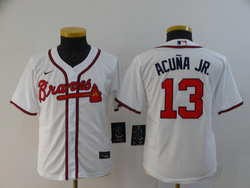 Youth Atlanta Braves #13 Ronald Acuna Jr. White Stitched Cool Base Jersey