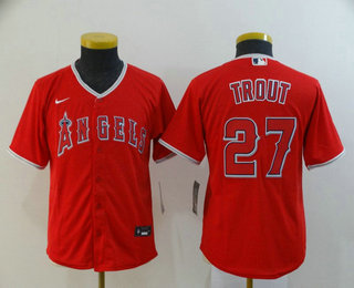 Youth Los Angeles Angels #27 Mike Trout Red Stitched Cool Base Jersey