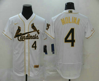 St. Louis Cardinals #4 Yadier Molina White With Gold Stitched Flex Base Jersey