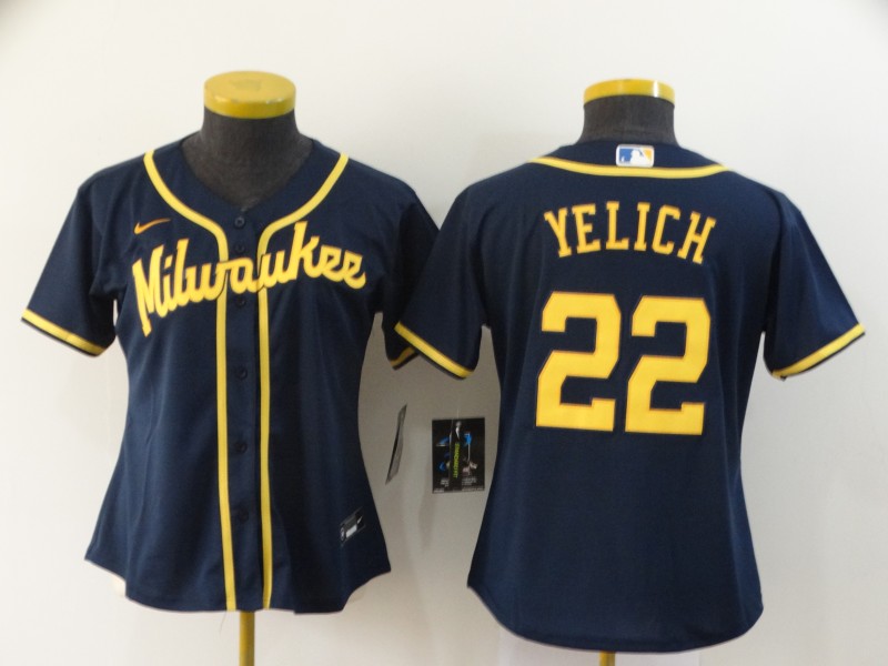 Women's Milwaukee Brewers #22 Christian Yelich Navy Blue Stitched Cool Base Jersey Women's Milwaukee Brewers #22 Christian Yelich Navy Blue Stitched Cool Base Jersey