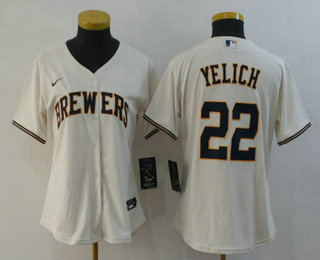 Women's Milwaukee Brewers #22 Christian Yelich Cream Stitched Cool Base Jersey