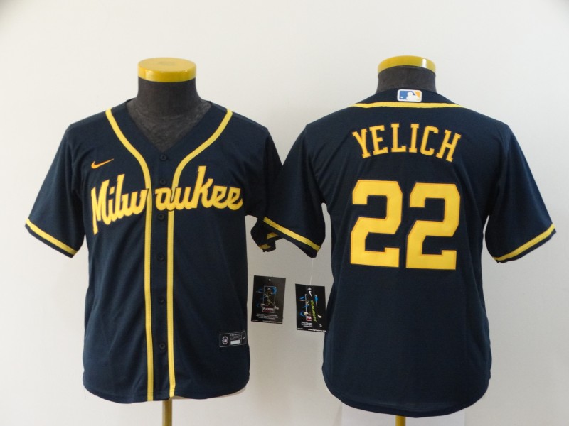 Youth Milwaukee Brewers #22 Christian Yelich Navy Blue Stitched Cool Base Jersey