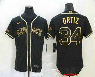 Boston Red Sox #34 David Ortiz Black With Gold Stitched Flex Base Jersey