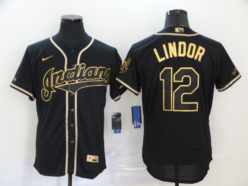 Cleveland Indians #12 Francisco Lindor Black With Gold Stitched Flex Base Jersey Cleveland Indians #12 Francisco Lindor Black With Gold Stitched Flex Base Jersey