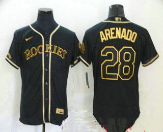 Colorado Rockies #28 Nolan Arenado Black With Gold Stitched Flex Base Jersey