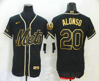 New York Mets #20 Pete Alonso Black With Gold Stitched Flex Base Jersey New York Mets #20 Pete Alonso Black With Gold Stitched Flex Base Jersey