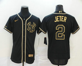 New York Yankees #2 Derek Jeter Black Golden Stitched Flex Base Jersey