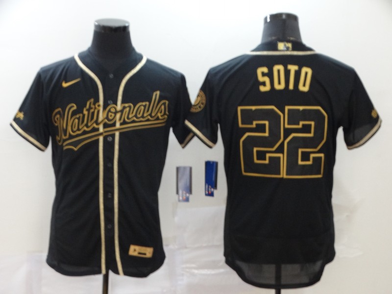 Washington Nationals #22 Juan Soto Black With Gold Stitched Flex Base Jersey