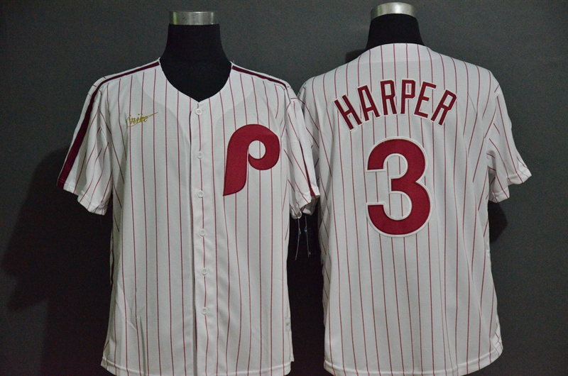 Philadelphia Phillies #3 Bryce Harper White Pinstripe Cool Base Cooperstown Collection Jersey