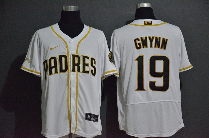 San Diego Padres #19 Tony Gwynn White With Gold Stitched Flex Base Jersey