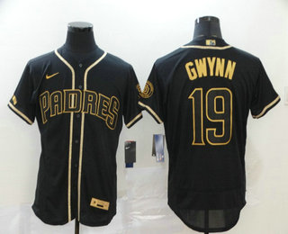 San Diego Padres #19 Tony Gwynn Black With Gold Stitched Flex Base Jersey