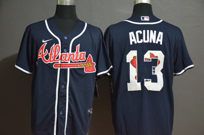 Atlanta Braves #13 Ronald Acuna Jr. Navy Blue Team Logo Stitched Cool Base Jersey