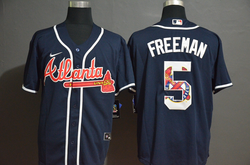 Atlanta Braves #5 Freddie Freeman Navy Blue Team Logo Stitched Cool Base Jersey Atlanta Braves #5 Freddie Freeman Navy Blue Team Logo Stitched Cool Base Jersey