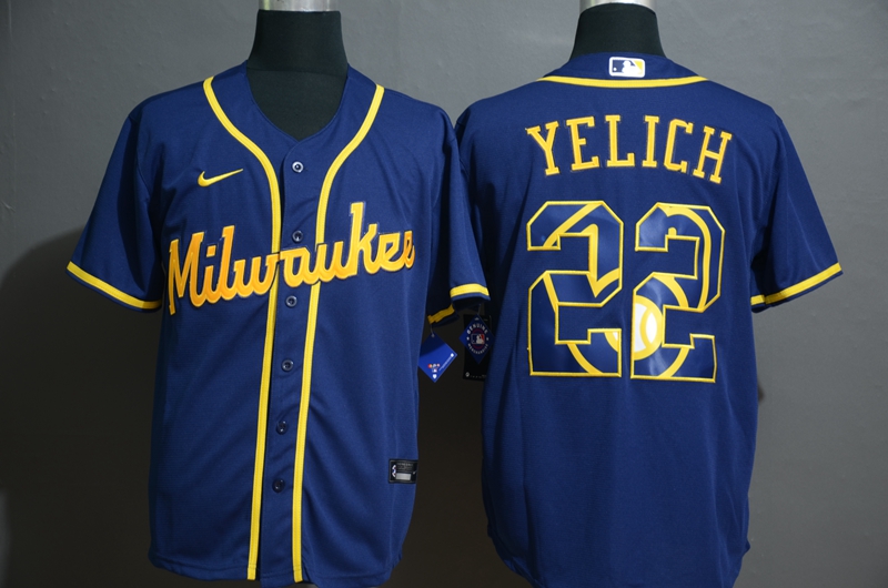 Milwaukee Brewers #22 Christian Yelich Blue White Team Logo Stitched Cool Base Jersey