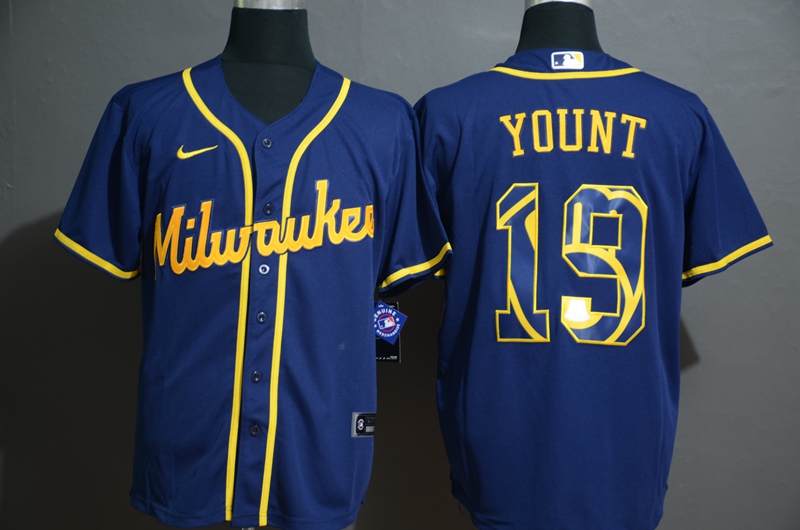 Milwaukee Brewers #19 Robin Yount Blue White Team Logo Stitched Cool Base Jersey